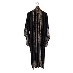Novica Womens Black Rayon Batik Floral Long Kimono Robe with Pockets and Tie S/M